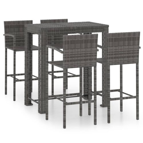 5-Piece Outdoor Bar Set with Armrest Poly Rattan Wicker Outdoor Patio Furniture Grey