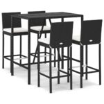 5-Piece Outdoor Bar Set with Cushions Black Poly Rattan Wicker Outdoor Patio Furniture