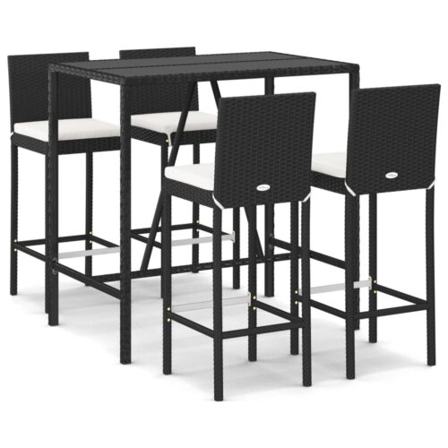 5-Piece Outdoor Bar Set with Cushions Black Poly Rattan Wicker Outdoor Patio Furniture