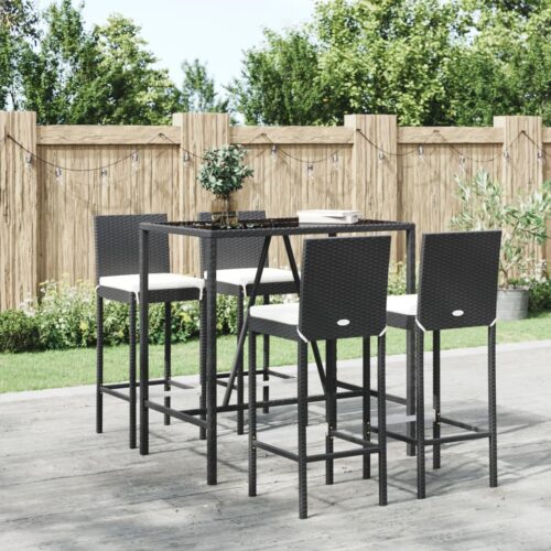 5-Piece Outdoor Bar Set with Cushions Black Poly Rattan Wicker Outdoor Patio Furniture - Image 2