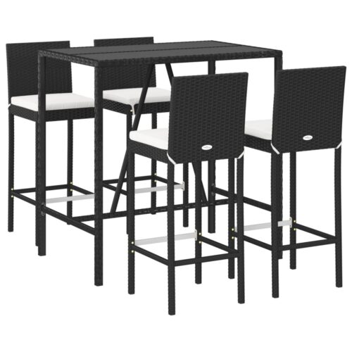 5-Piece Outdoor Bar Set with Cushions Black Poly Rattan Wicker Outdoor Patio Furniture - Image 3