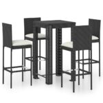 5-Piece Outdoor Bar Set with Cushions Poly Rattan Wicker Outdoor Patio Furniture Black