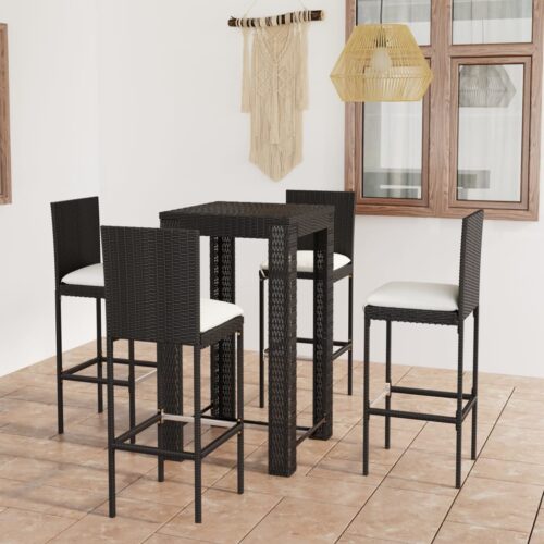 5-Piece Outdoor Bar Set with Cushions Poly Rattan Wicker Outdoor Patio Furniture Black - Image 2