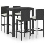 5-Piece Outdoor Bar Set with Cushions Poly Rattan Wicker Outdoor Patio Furniture Black