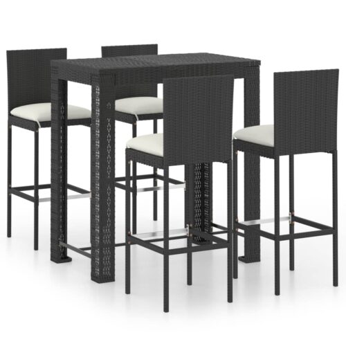 5-Piece Outdoor Bar Set with Cushions Poly Rattan Wicker Outdoor Patio Furniture Black
