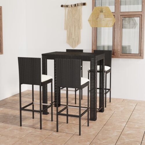 5-Piece Outdoor Bar Set with Cushions Poly Rattan Wicker Outdoor Patio Furniture Black - Image 2