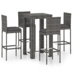5-Piece Outdoor Bar Set with Cushions Poly Rattan Wicker Outdoor Patio Furniture Grey