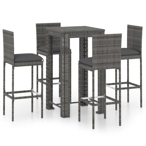 5-Piece Outdoor Bar Set with Cushions Poly Rattan Wicker Outdoor Patio Furniture Grey