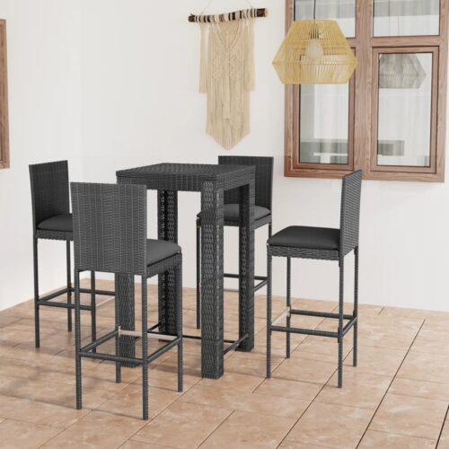5-Piece Outdoor Bar Set with Cushions Poly Rattan Wicker Outdoor Patio Furniture Grey - Image 2