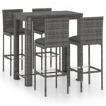 5-Piece Outdoor Bar Set with Cushions Poly Rattan Wicker Outdoor Patio Furniture Grey