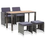 5-Piece Outdoor Dining Set Poly Rattan Wicker Outdoor Patio Furniture Acacia Wood Anthracite