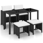 5-Piece Outdoor Dining Set with Cushions Poly Rattan Wicker Outdoor Patio Furniture Black
