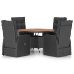 5-Piece Outdoor Dining Set with Cushions Poly Rattan Wicker Outdoor Patio Furniture Black