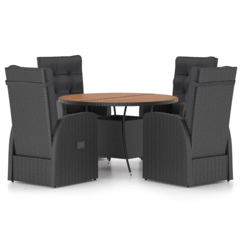 5-Piece Outdoor Dining Set with Cushions Poly Rattan Wicker Outdoor Patio Furniture Black