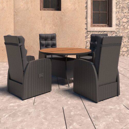 5-Piece Outdoor Dining Set with Cushions Poly Rattan Wicker Outdoor Patio Furniture Black - Image 2