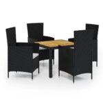 5-Piece Outdoor Dining Set with Cushions Poly Rattan Wicker Outdoor Patio Furniture Black