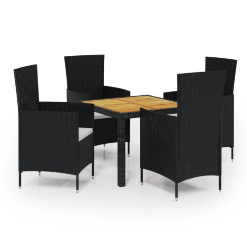 5-Piece Outdoor Dining Set with Cushions Poly Rattan Wicker Outdoor Patio Furniture Black