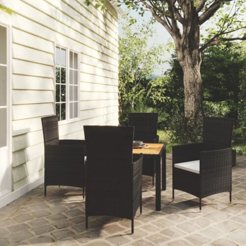 5-Piece Outdoor Dining Set with Cushions Poly Rattan Wicker Outdoor Patio Furniture Black - Image 2