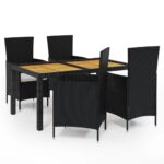 5-Piece Outdoor Dining Set with Cushions Poly Rattan Wicker Outdoor Patio Furniture Black
