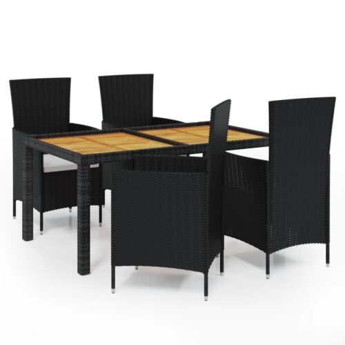 5-Piece Outdoor Dining Set with Cushions Poly Rattan Wicker Outdoor Patio Furniture Black