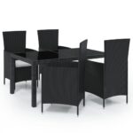 5-Piece Outdoor Dining Set with Cushions Poly Rattan Wicker Outdoor Patio Furniture Black