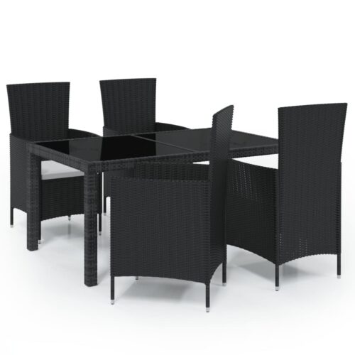 5-Piece Outdoor Dining Set with Cushions Poly Rattan Wicker Outdoor Patio Furniture Black