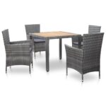 5-Piece Outdoor Dining Set with Cushions Poly Rattan Wicker Outdoor Patio Furniture Grey