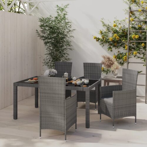 5-Piece Outdoor Dining Set with Cushions Poly Rattan Wicker Outdoor Patio Furniture Grey - Image 2