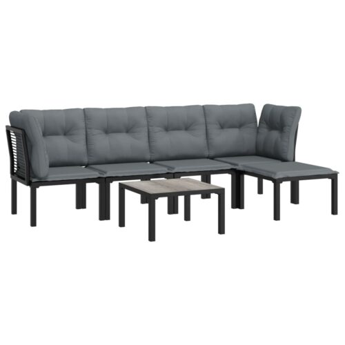 6-Piece Garden Lounge Set Black Grey Poly Rattan Wicker Outdoor Patio Furniture - Image 3