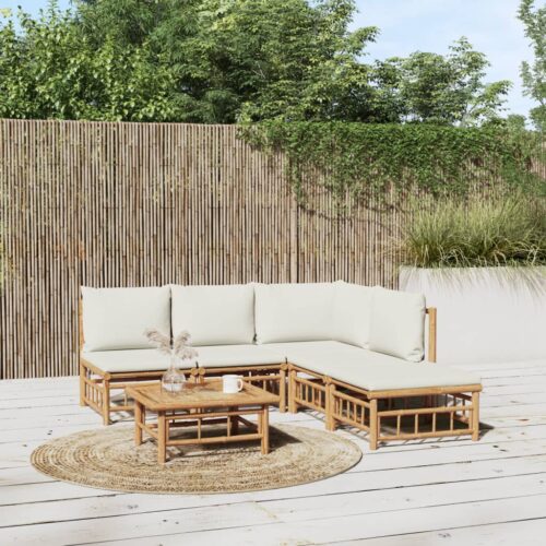 6-Piece Garden Lounge Set with Cream White Cushions Bamboo - Image 2