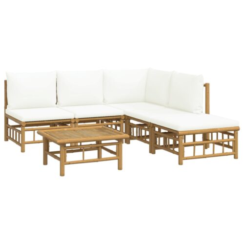 6-Piece Garden Lounge Set with Cream White Cushions Bamboo - Image 3