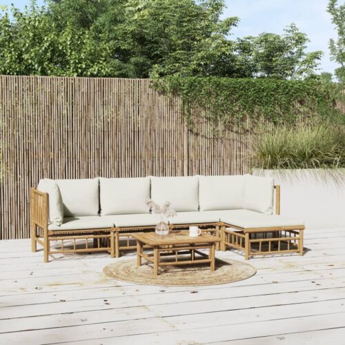 6-Piece Garden Lounge Set with Cream White Cushions Bamboo - Image 3