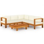 6-Piece Garden Lounge Set with Cream White Cushions Acacia Wood