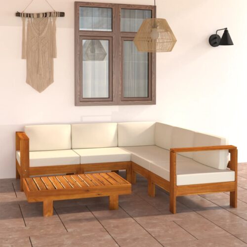 6-Piece Garden Lounge Set with Cream White Cushions Acacia Wood - Image 2