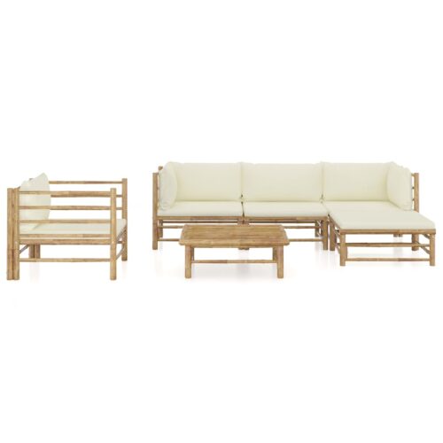 6-Piece Garden Lounge Set with Cream White Cushions Bamboo