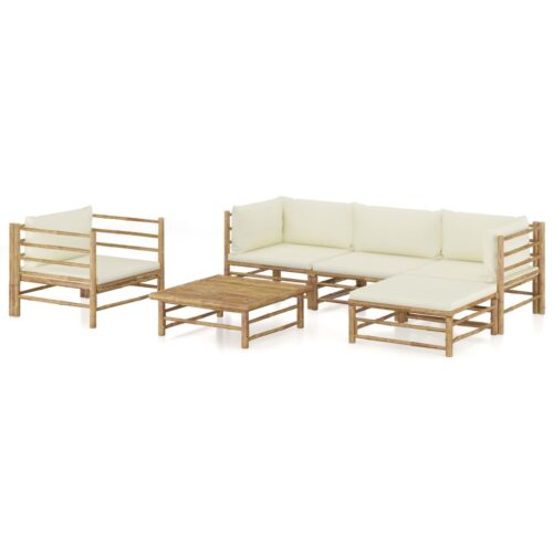 6-Piece Garden Lounge Set with Cream White Cushions Bamboo - Image 3