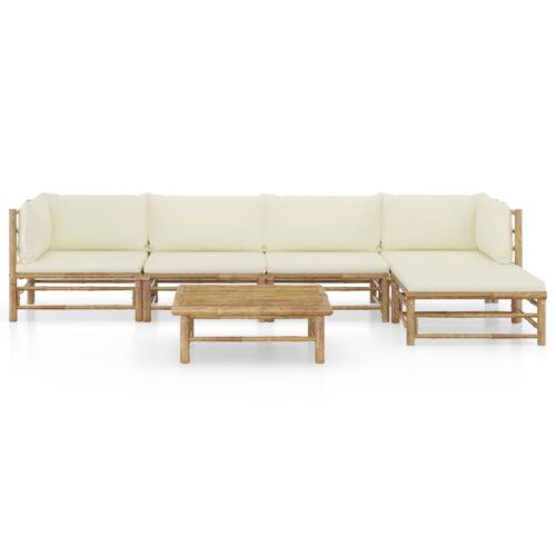 6-Piece Garden Lounge Set with Cream White Cushions Bamboo - Image 3