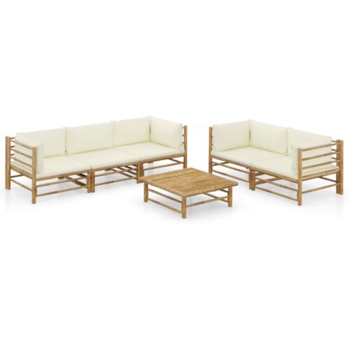 6-Piece Garden Lounge Set with Cream White Cushions Bamboo