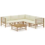 6-Piece Garden Lounge Set with Cream White Cushions Bamboo