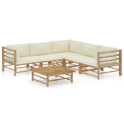 6-Piece Garden Lounge Set with Cream White Cushions Bamboo
