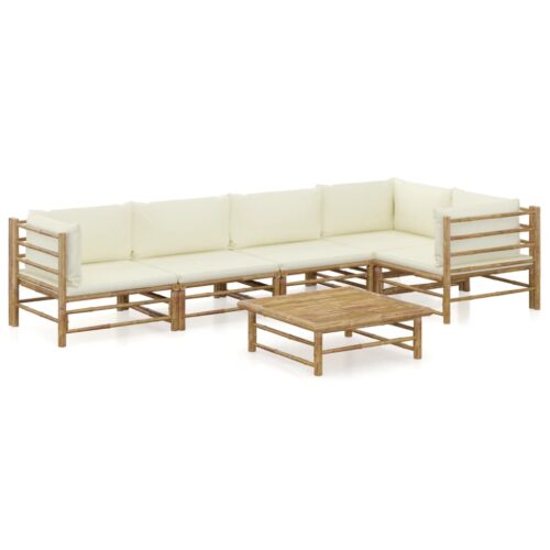 6-Piece Garden Lounge Set with Cream White Cushions Bamboo