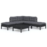 6-Piece Garden Lounge Set with Cushions Black Pine Wood Outdoor Patio Furniture