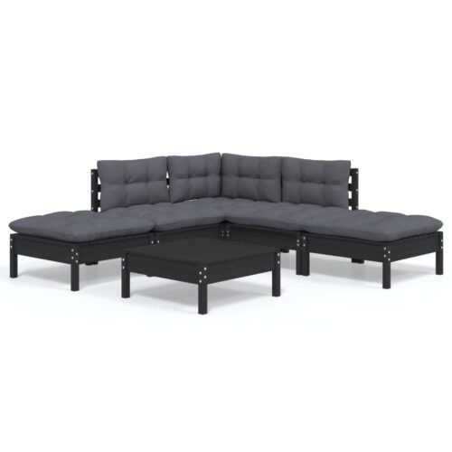 6-Piece Garden Lounge Set with Cushions Black Pine Wood Outdoor Patio Furniture - Image 2
