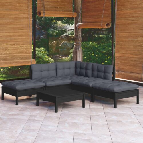 6-Piece Garden Lounge Set with Cushions Black Pine Wood Outdoor Patio Furniture - Image 3