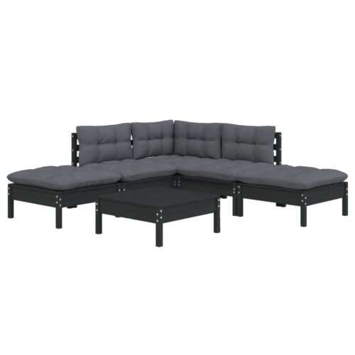 6-Piece Garden Lounge Set with Cushions Black Pine Wood Outdoor Patio Furniture - Image 4