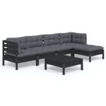 6-Piece Garden Lounge Set with Cushions Black Pine Wood Outdoor Patio Furniture