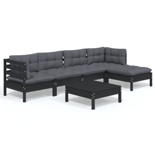 6-Piece Garden Lounge Set with Cushions Black Pine Wood Outdoor Patio Furniture
