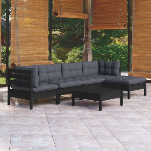 6-Piece Garden Lounge Set with Cushions Black Pine Wood Outdoor Patio Furniture - Image 2