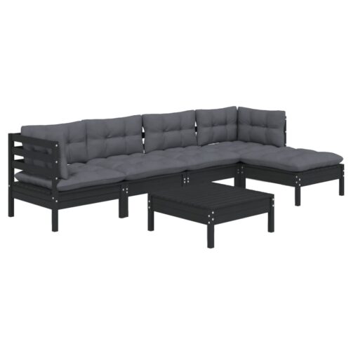 6-Piece Garden Lounge Set with Cushions Black Pine Wood Outdoor Patio Furniture - Image 3