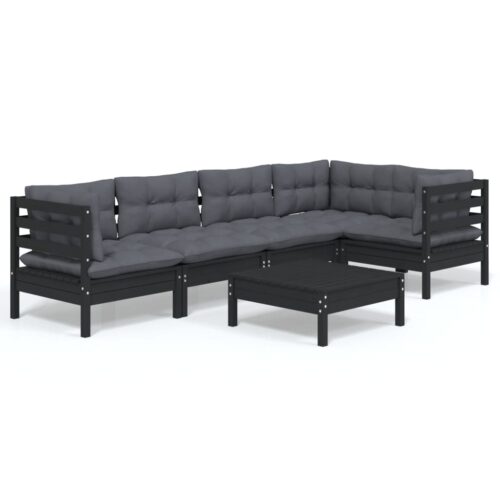 6-Piece Garden Lounge Set with Cushions Black Pine Wood Outdoor Patio Furniture